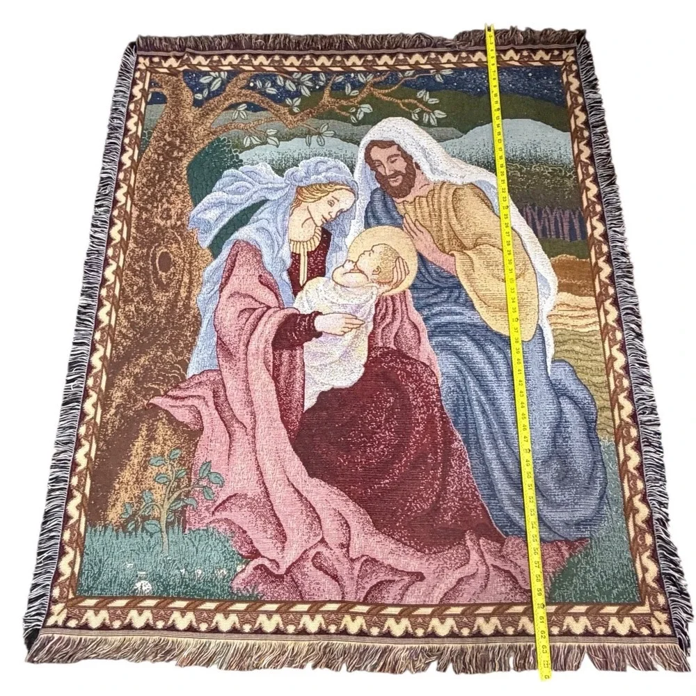 Vintage American Weavers 90s Tapestry Throw Blanket USA Holy Family Nativity